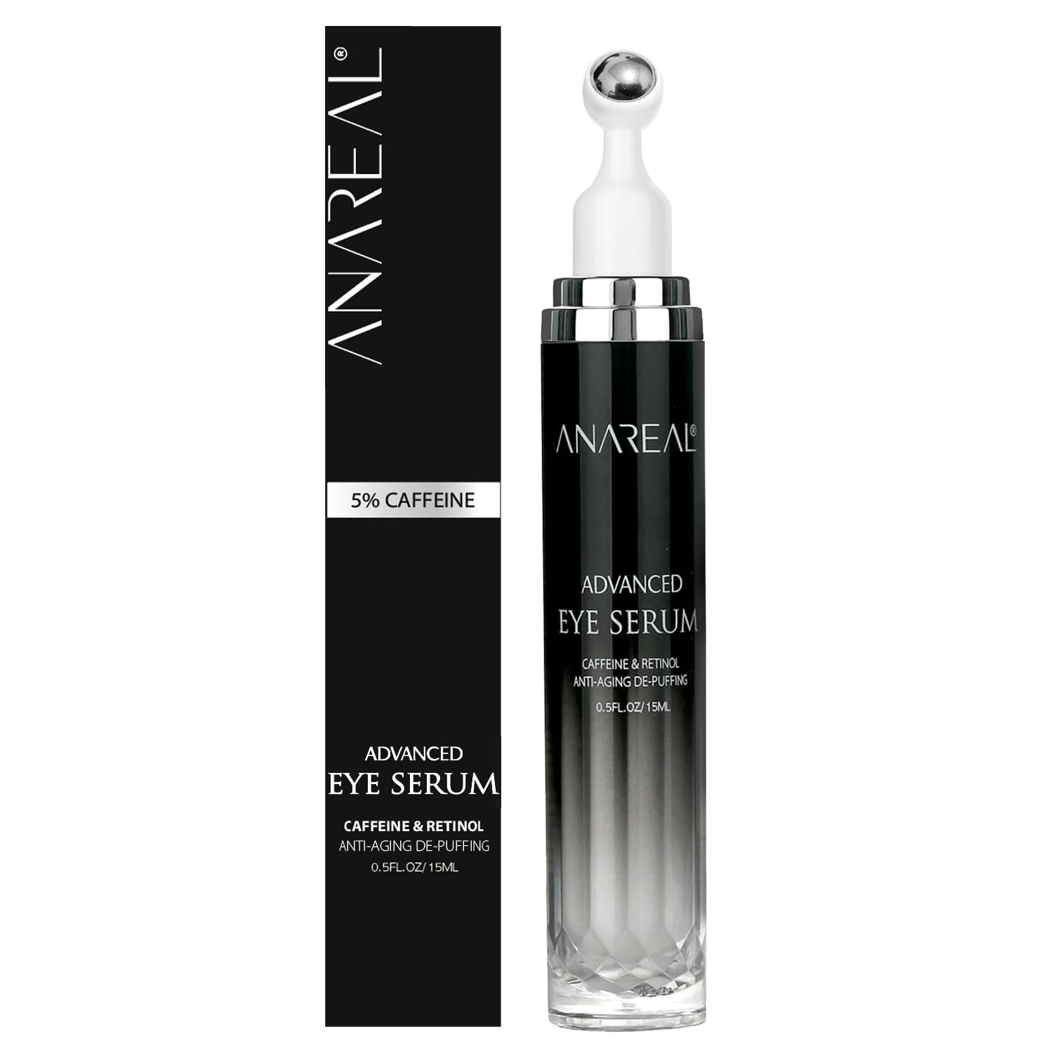 ANAREAL Eye Bags Treatment for Men and Women : Caffeine Under Eye Cream for Dark Circles & Puffiness – 360° Eye Roller for Puffy Eyes