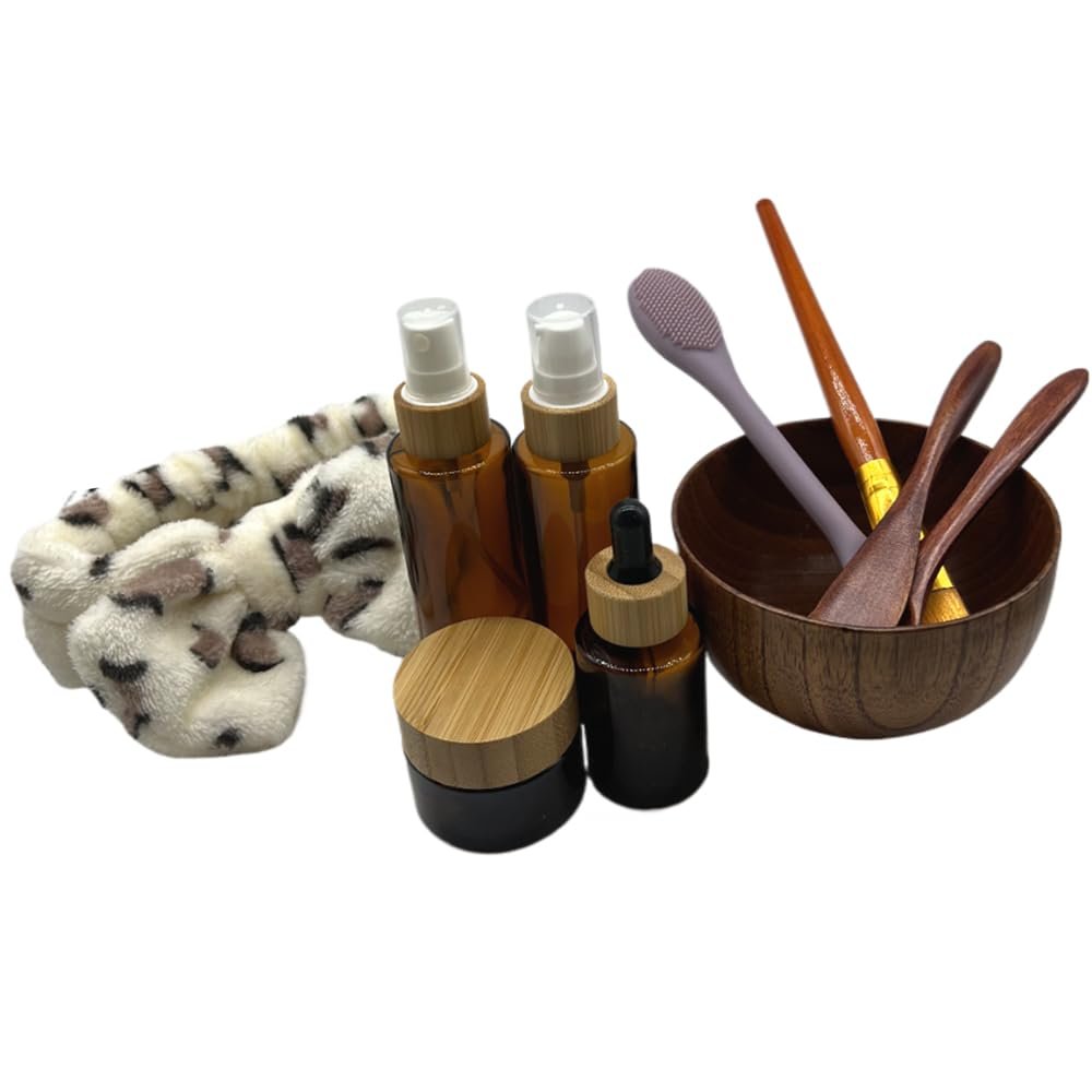 Face Mask Mixing Bowl Set 9 Pack DIY Facemask Applicator Tool Kit with Empty Refilable Bamboo Cap Refillable Cosmetic Brown Glass Container Kits for Beauty Skincare