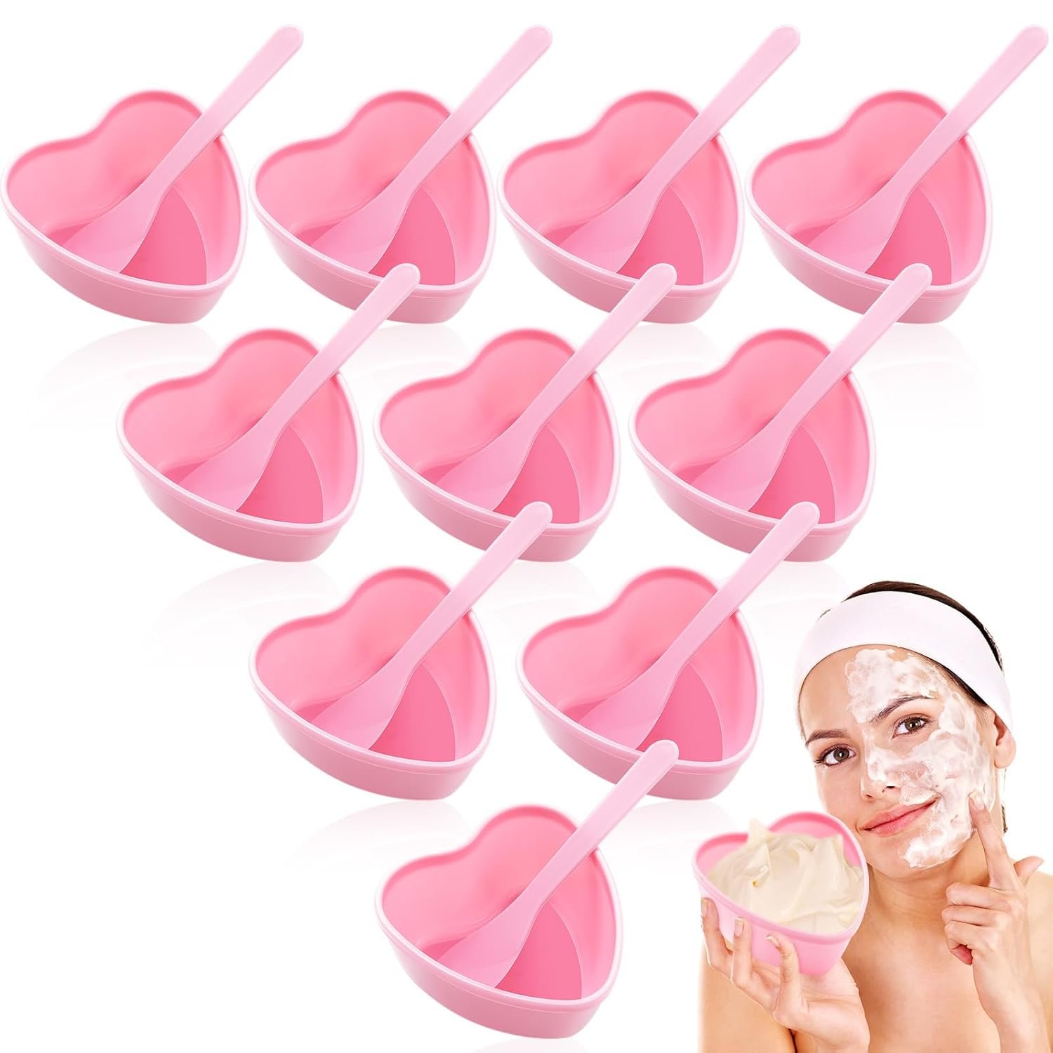 Teenyyou 10 Sets Facial Bowls for Esthetician, Pink Facial Mask Mixing Bowls Set with Spatula, Heart Shape Facemask DIY Skin Care Mixing Tool Kit Esthetician for Lady Women Home Beauty Salon Hair Dye