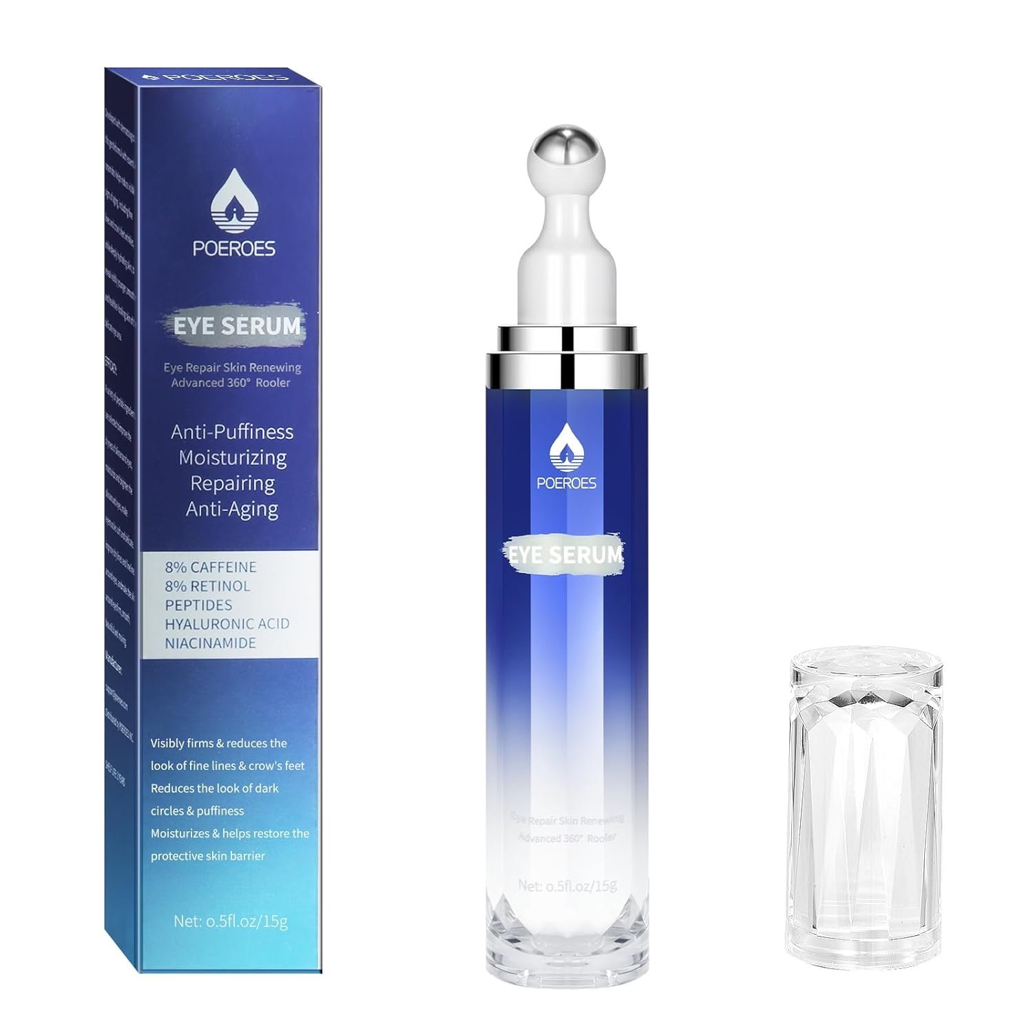 Eye Serum with 8% Caffeine 8% Retinol Hyaluronic Acid Niacinamide peptides for Puffy Bags Fine Lines Dark Circles Wrinkles, Under Eye Cream with 360° Roller Massage Ball, 0.5 fl. oz