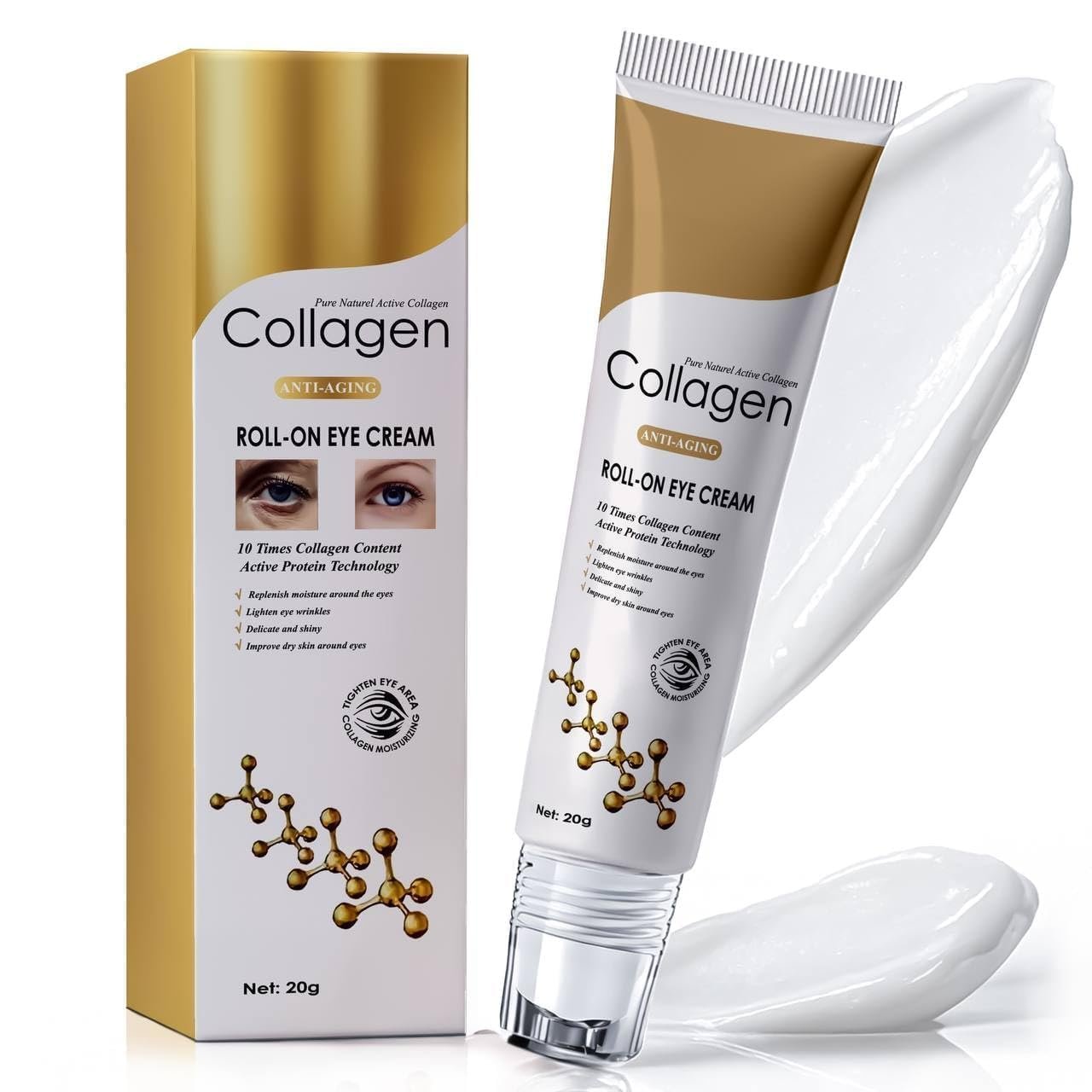 Age Correcting Eye Cream, Anti-Aging Hyaluronic Acid, Collagen & Caffeine Reduce Wrinkles, Dark Circles & Under Eye Puffiness, Lift, Firm & Brighten Eyes, Ice Roller For Under Eye Bags And Puffy Eyes