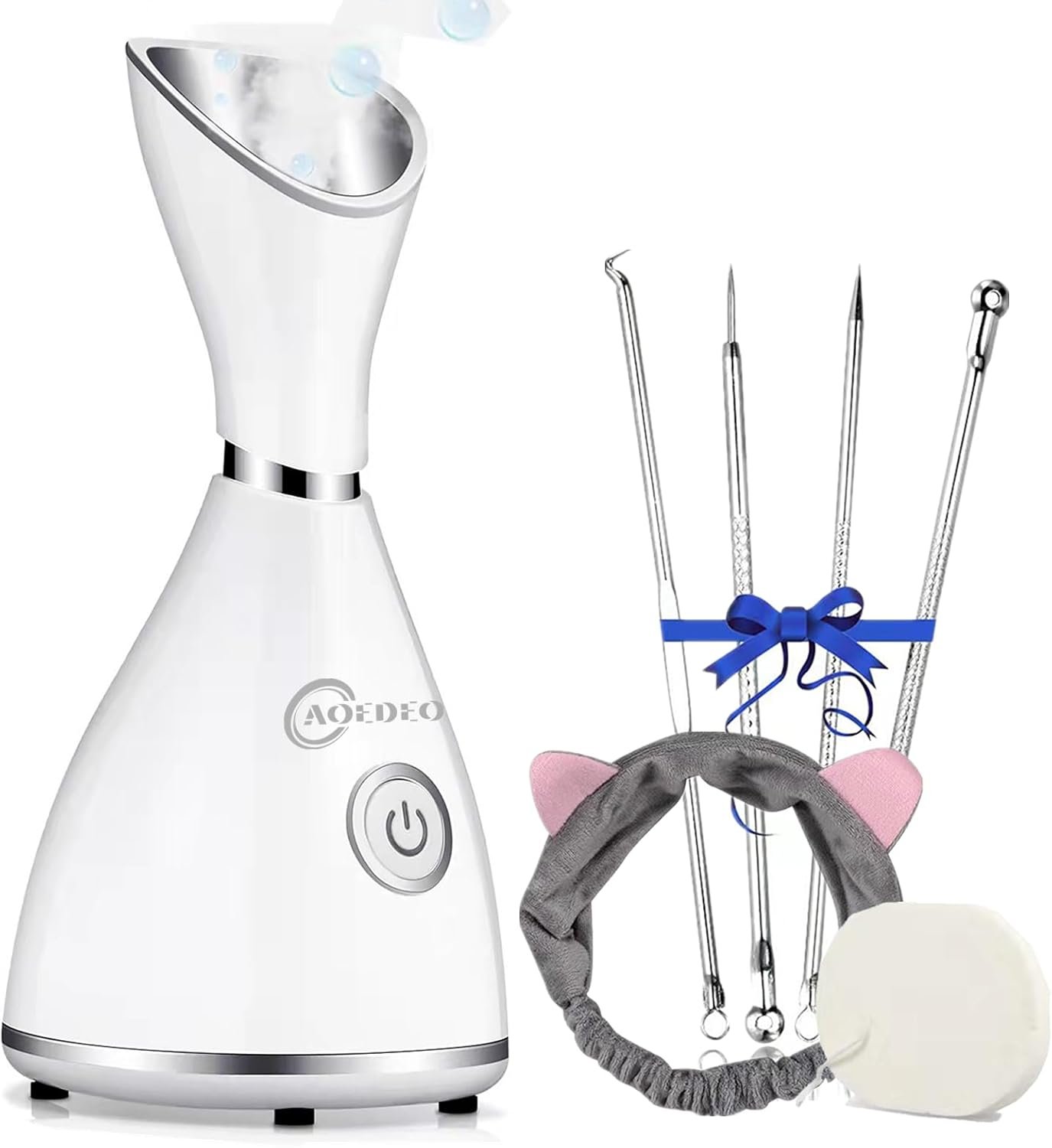 Nano Ionic Face Steamer – Warm Mist Humidifier for Deep Facial Cleansing – 4 Piece Stainless Steel Skin Kit, Hair Band, Wash Face Sponge