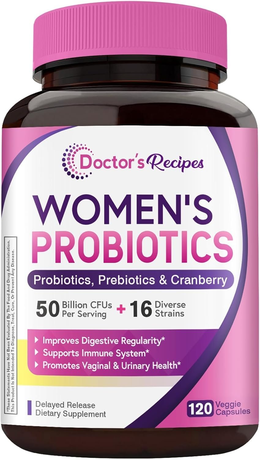 Doctor’s Recipes Women’s Probiotic, 120 Caps 50 Billion CFU 16 Strains, with Organic Cranberry, Digestive Immune Vaginal & Urinary Health, Shelf Stable, Delayed Release, No Soy Gluten Dairy