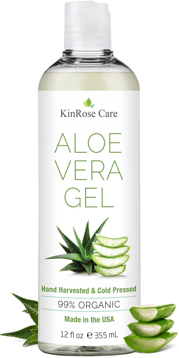 KinRose Care, 12oz Organic Aloe Vera Gel for Face, Skin, Hair & Sunburn Relief – From 100 Percent Pure Aloe Vera – Cold Pressed, Vegan, Unscented – Made in USA.