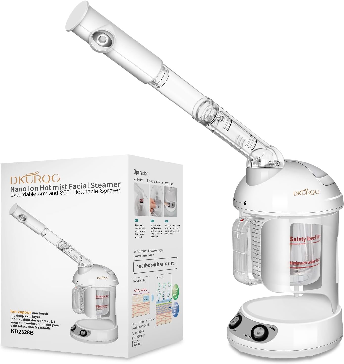 Nano Ionic Facial Steamer with Removable Water Cup, Face Steamer 360° Rotatable Sprayer Warm Mist Face Humidifier for Home and Beauty Salon, Facial Deep Cleaning (White)