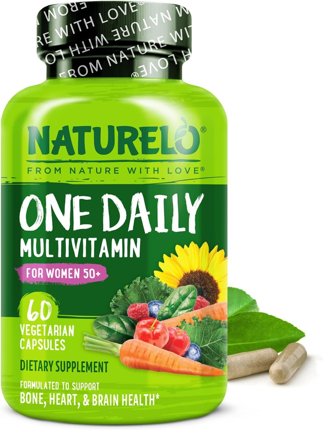NATURELO One Daily Multivitamin for Women 50+ (Iron Free) – Menopause Support for Women Over 50 – Whole Food Supplement – Non-GMO – No Soy – 60 Capsules – 2 Month Supply