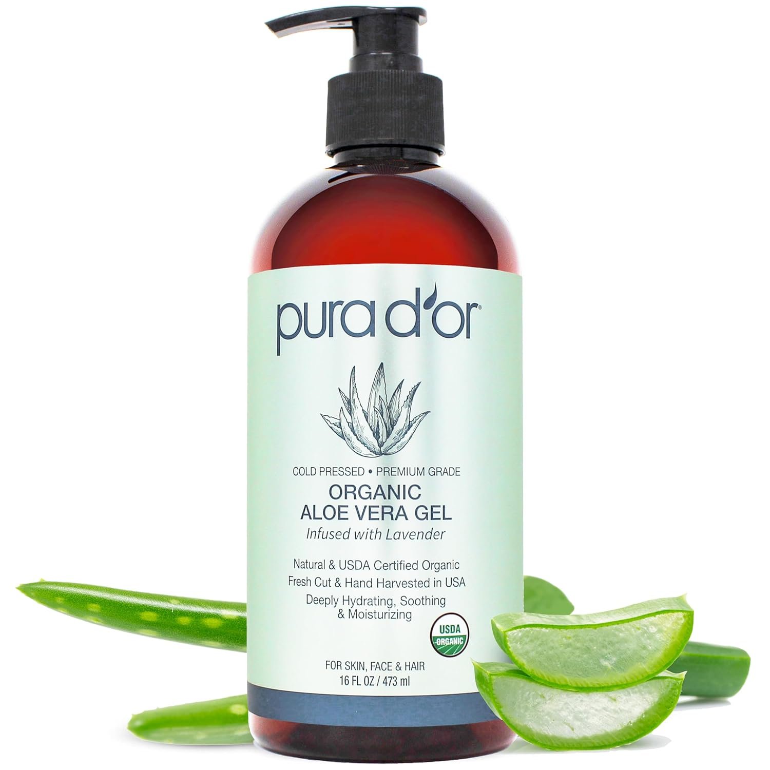PURA D’OR 16 Oz ORGANIC Aloe Vera Gel – Lavender – All Natural – ZERO Artificial Preservatives – Deeply Hydrating & Moisturizing – Sunburn, Bug Bites, Rashes, Small Cuts, Eczema Relief – Skin & Hair