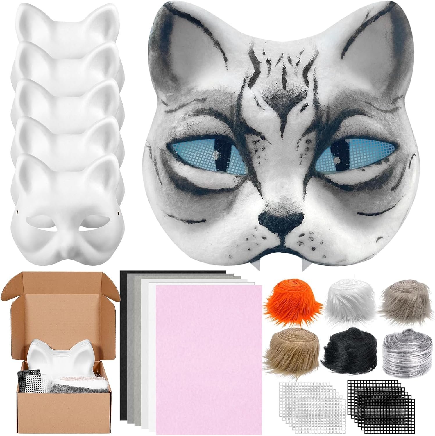 Draupnir DIY Therian Mask Blank White Paper Cat Mask to Paint with Felt Fabric Sheet Fur and Eye Mesh for Therian Gear Stuff