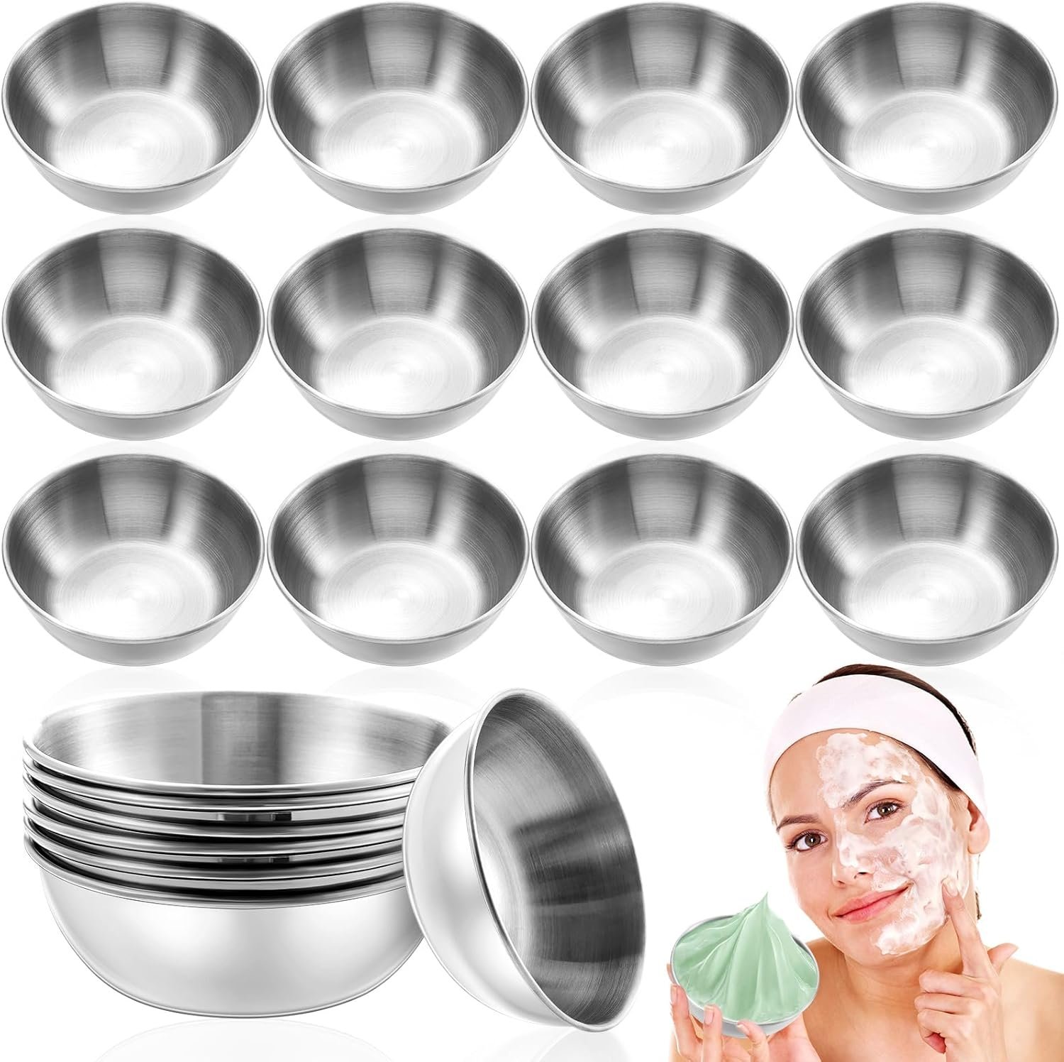 Teenyyou 12 Pcs 3.23 In DIY Face Mask Bowl Stainless Steel Esthetician Facial Mask Bowl Small Facial Esthetician Supplies for Women Skincare Products Lady Home Salon Cosmetic Beauty (Silver)