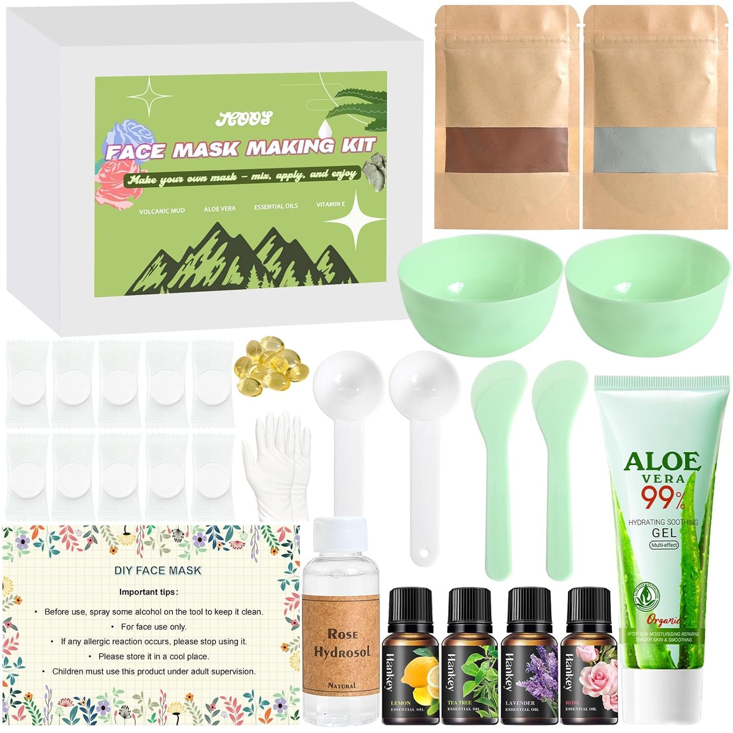 Jcoos Diy Face Mask Maker, Make Your Own Clay Mask for Face & Sheet Mask, Oil Control – Hydration Facemask Skincare, Face Mask Applicator, Mixing Bowl Set, Volcanic Ash, Essential Oils, Rose Hydrosol