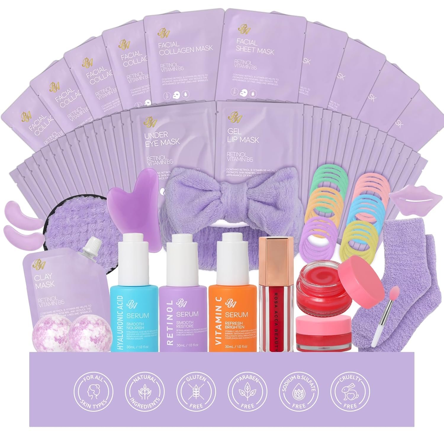 55 Pcs Mothers Day Gift for Mom, Lavender Face Sheet Mask Pack, Hydration Skin Care Kit, Home Spa Gift Basket Set for Women, Hyaluronic Acid Face Serum, Christmas, Birthday, Anniversary, Wife