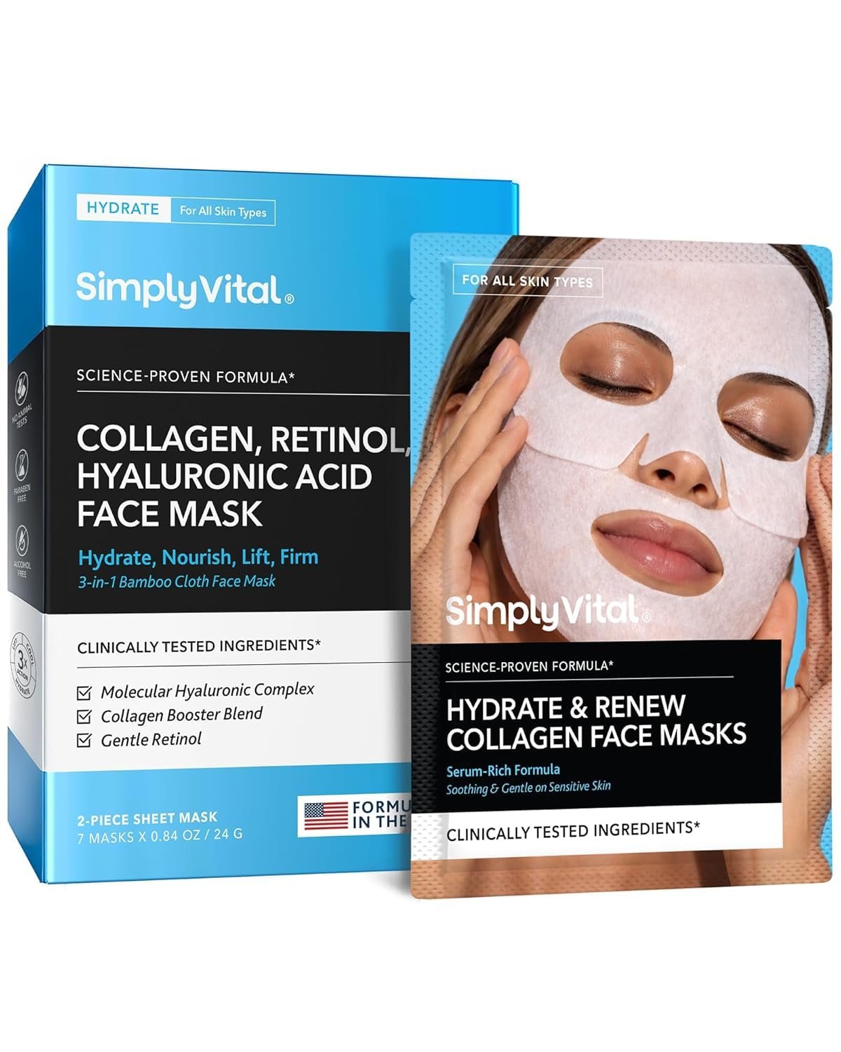 SimplyVital Collagen Facial Mask with Retinol & Hyaluronic Acid – Hydrating Face Masks Skincare – T Line & V Line Sheet Mask for Women Skin Care – Mascarillas Para la Cara – Cloth Face Masks – 7 Pack
