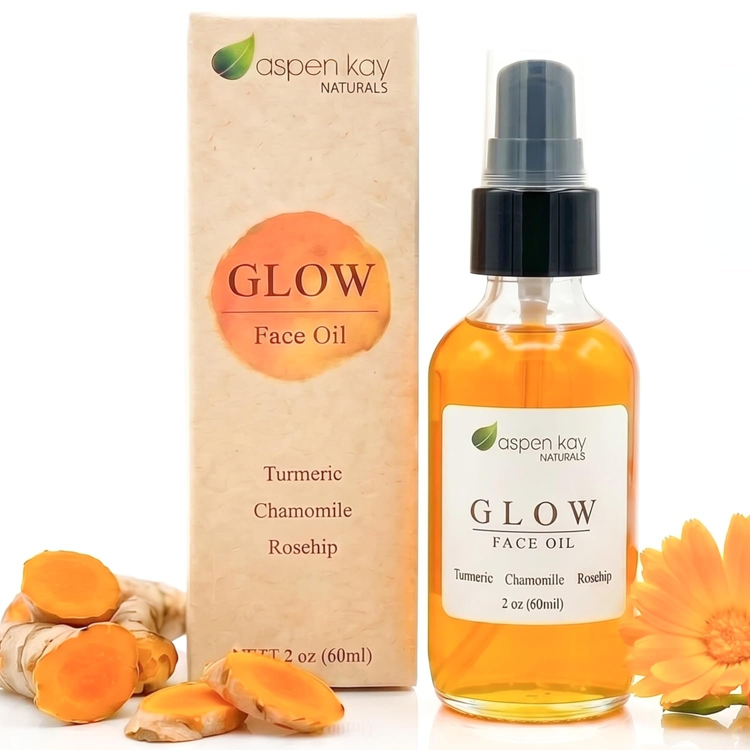 Aspen Kay Naturals Glow – Turmeric & Rosehip Face Oil, Natural & Organic Face Moisturizer with Turmeric, Camellia, Sea Buckthorn and Chamomile – Facial Serum – 2 oz