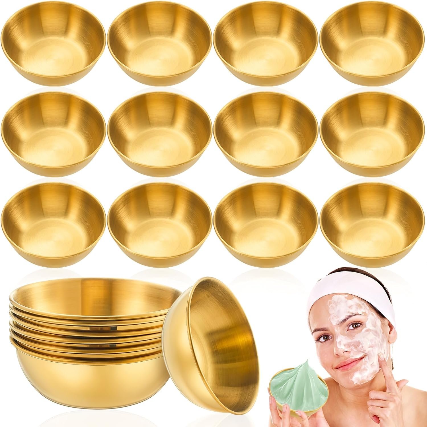 Teenyyou 12 Pcs 3.5 In DIY Face Mask Mixing Bowl Stainless Steel Esthetician Facial Mask Bowl Facial Small Mixing Esthetician Supplies for Lady Women Skincare Home Salon Cosmetic Beauty (Gold)