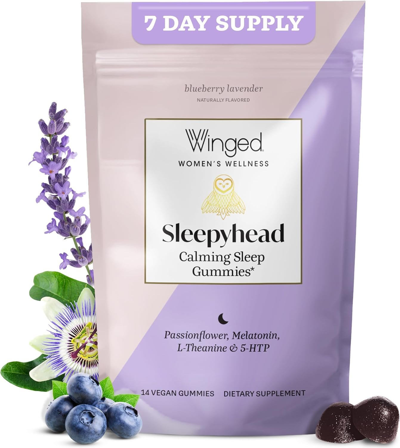Winged Wellness Sleepyhead Natural Sleep Gummies for Women – Sleep Support Aid for Adults with 3mg Melatonin, L-Theanine, 5-HTP – Natural Gummy Supplement – Blueberry Lavender, 14 Vegan Gummies