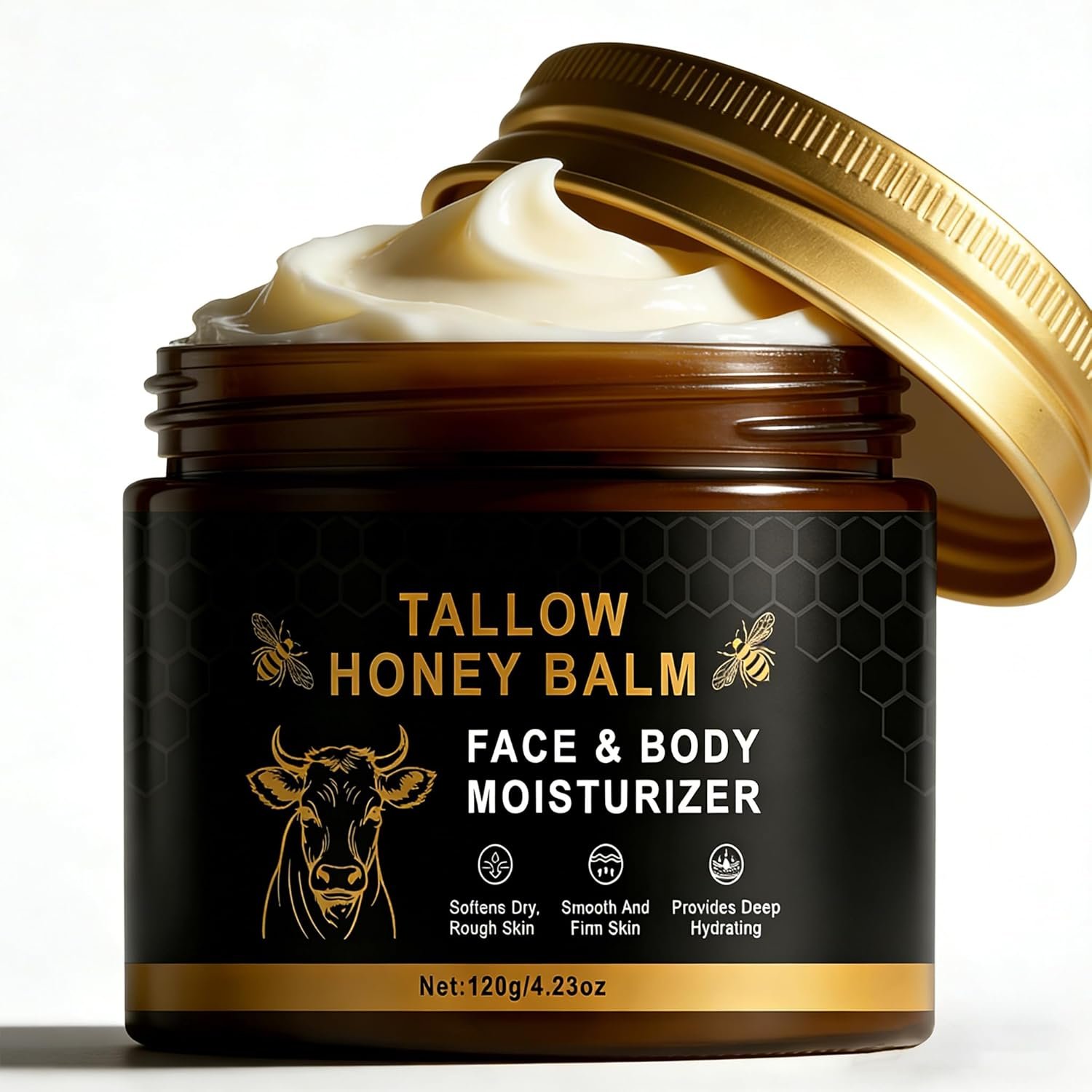 Beef Tallow Balm Skincare for Women,Moisturizer Tallow and Honey Cream for Face & Body,Deeply Hydrating Beef Tallow Skin care for All the Skin Type,Black(120g/4.23 Oz)
