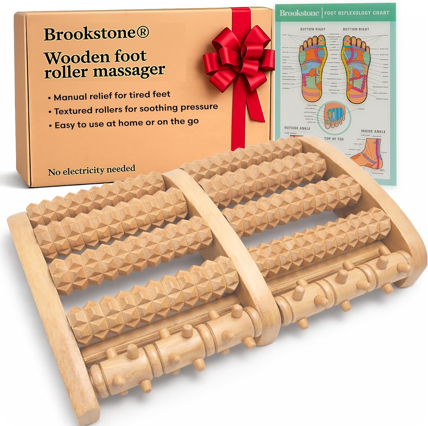 Brookstone Foot Massager Roller Plantar Fasciitis Pain Relief – Wooden Under Desk Feet Massage – Dual Manual Heel Massagers – Wood Rolling Acupressure Tool with Reflexology Guide – Gift for Men, Women