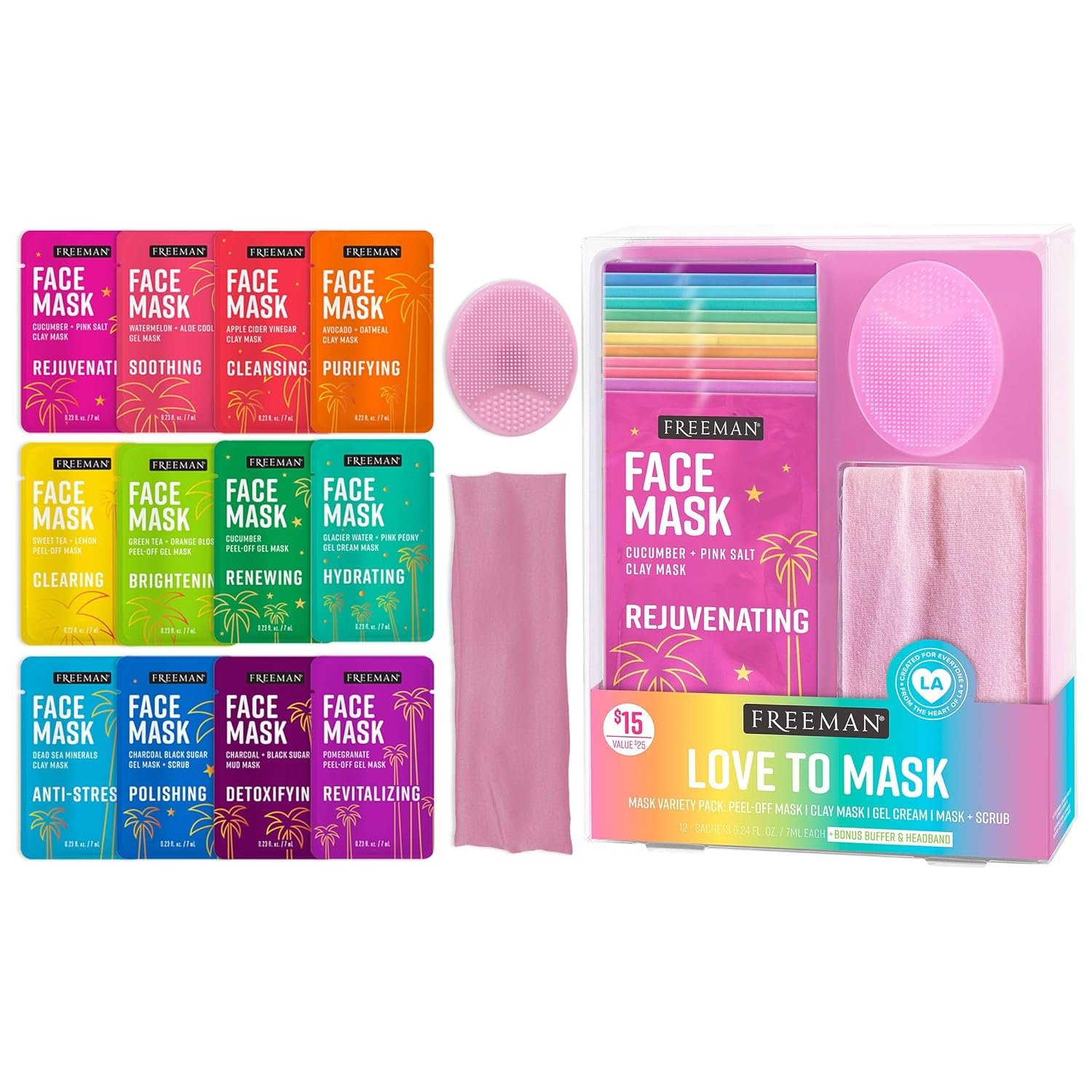 Freeman 14 Piece Love To Mask Variety Pack, Facial Masks For All Skin Types, Hydrate, Detoxify, & Clear Skin, Exfoliating Scrub, Bonus Headband and Skin Buffer, Face Masks Are Cruelty-Free & Vegan