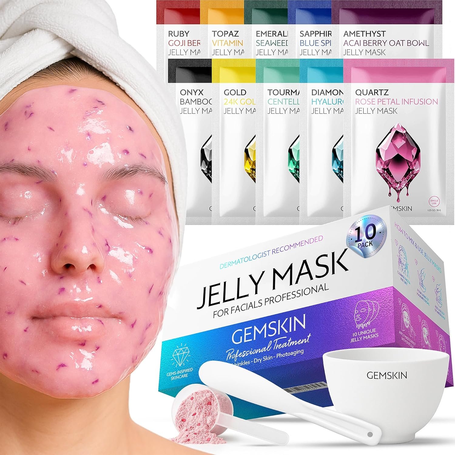 Jelly Mask for Facials Peel-Off – 10 Set Pack Modeling Rubber Mask Multipack – Hydrating & Calming Jelly Face Mask Powder Variety Spa Kit – Bowl Scoop & Spatula Bundle – Professional Skincare
