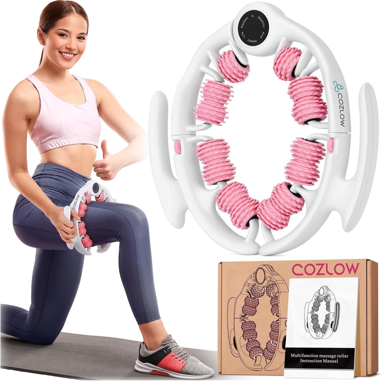 COZLOW Cellulite Massage Roller – Pink – Anti-Cellulite Massager with Detachable Roller Handles for Thighs, Legs & Buttocks – Fascia Massage Tool for Lymphatic Drainage & Deep Tissue Therapy
