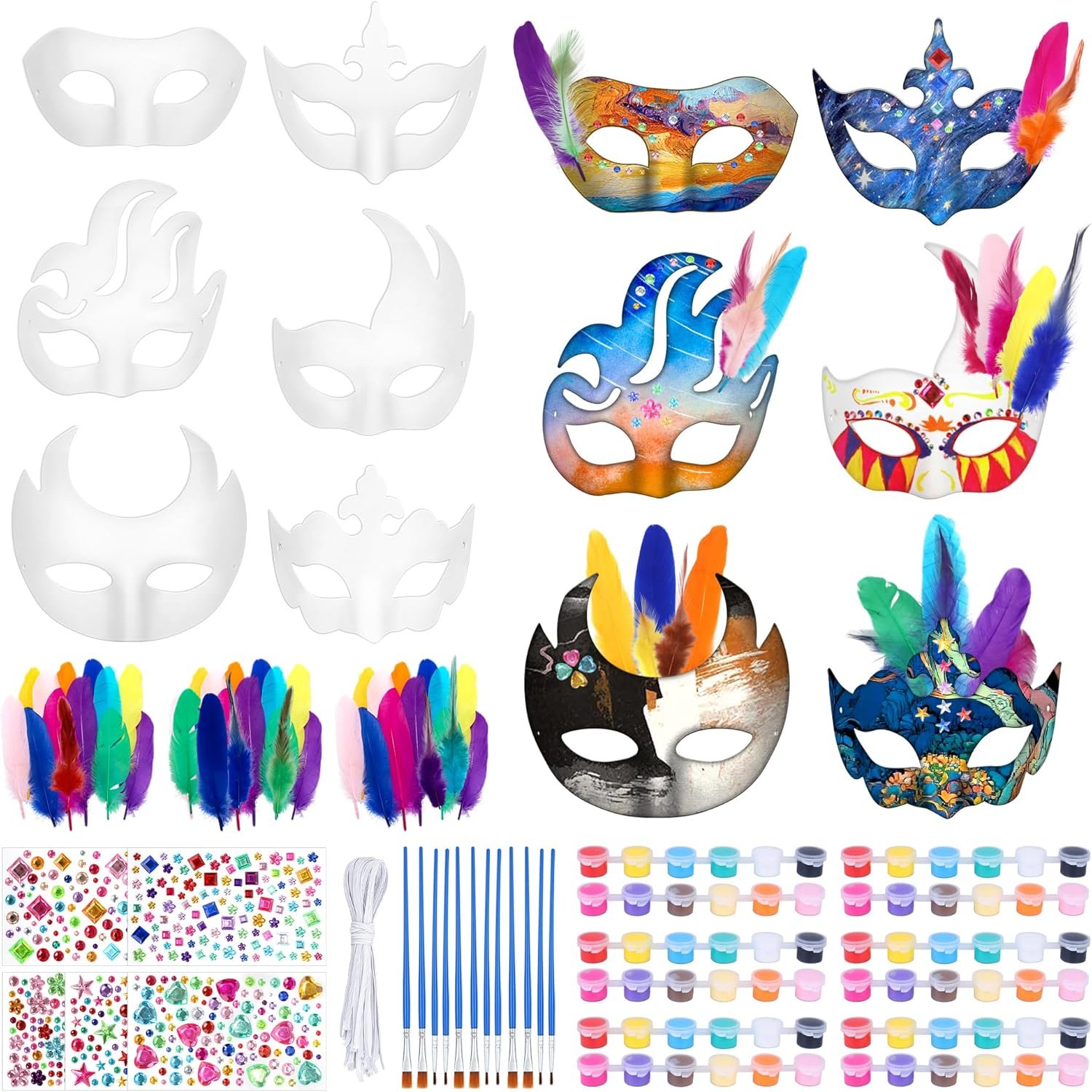 Elcoho 12 Pieces White Paper Masks DIY Kit with 100 Feathers Gemstone Paint Paper Mache Art Mask for Crafting Half Face Masquerade Mask for Party Decorations Adult Costume Party Favors