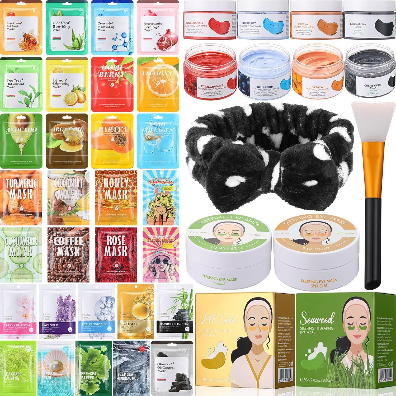 96 Pcs Face Mask Set Hydrating Clean Suitable for Sensitive Skin, Including 30 Peel-off Facial Masks, 4 Clay Masks, 60 Pairs of Under-eye Patches, a Mask Brush, and a Face-washing Headband