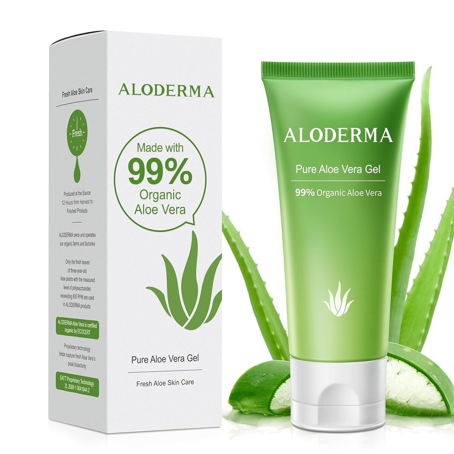 Aloderma Travel Size Aloe Vera Gel Made within 12 Hours of Harvest with 99% Pure Organic Aloe Vera for Body, Face, & Scalp – Hydrating & Soothing Gel for Skin & Sunburn – 1.5oz Squeeze Tube