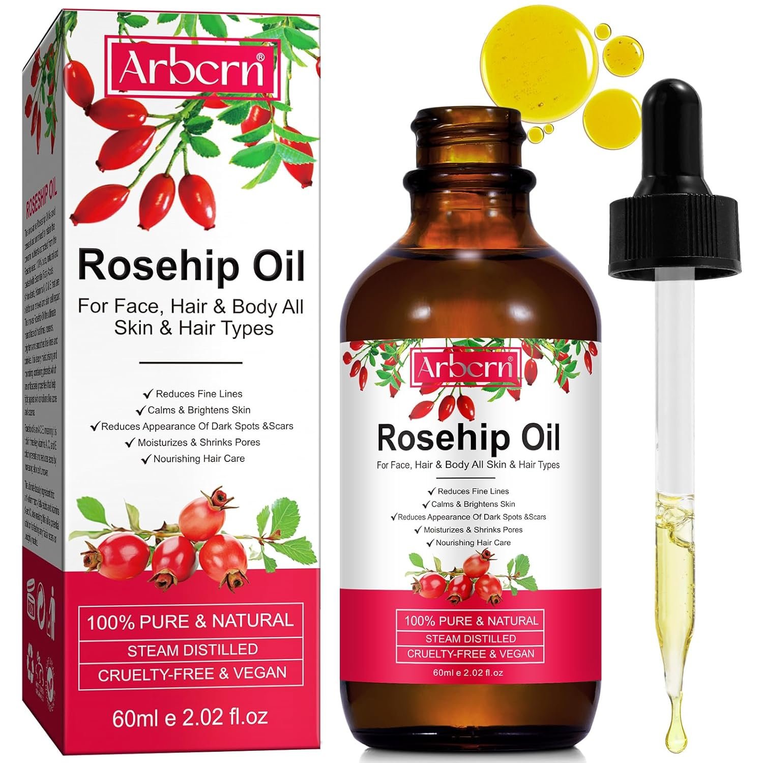 A r b c r n Rosehip Oil for Face,100% Pure Rosehip Seed Oil Cold Pressed Moisturizer for Hair, Skin & Nails 2 fl.oz