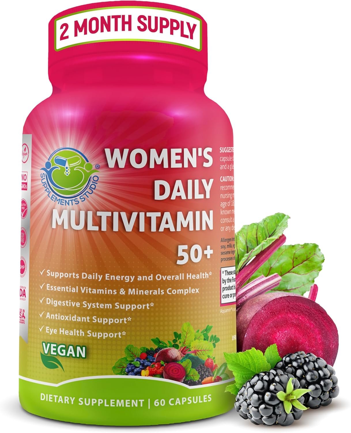 Women’s Daily Multivitamin 50 Plus – Vegan Methylated Multivitamin for Women 50 and Over with Biotin, Organic Superfoods & Lutein – Eye, Energy, Gut & Optimal Health Support – Easy to Swallow Capsules