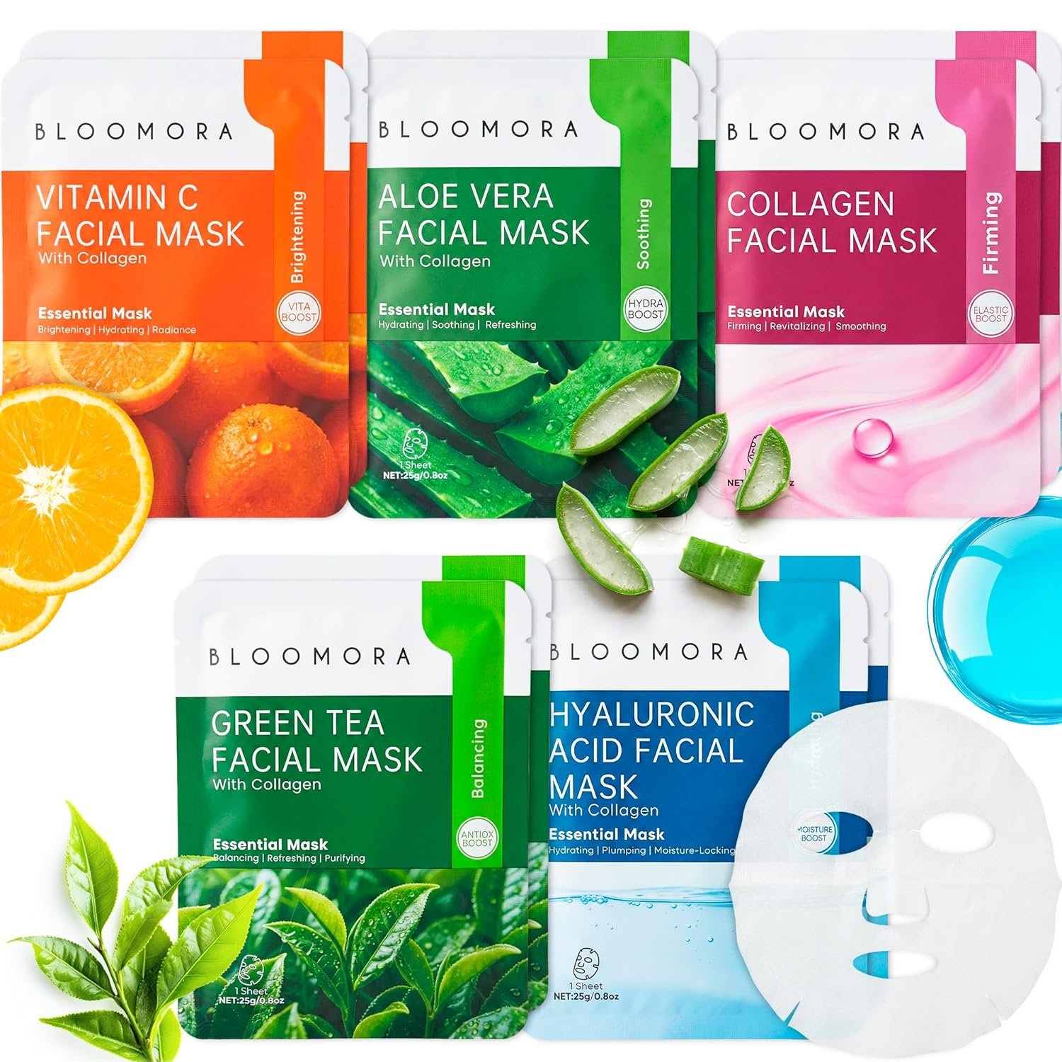 10 Pack Mixed Face Mask Set with Collagen, Hydrating Sheet Mask Skincare Set for Radiant, Fresh & Nourished Skin, Moisturizing Facial Masks for Women & Men