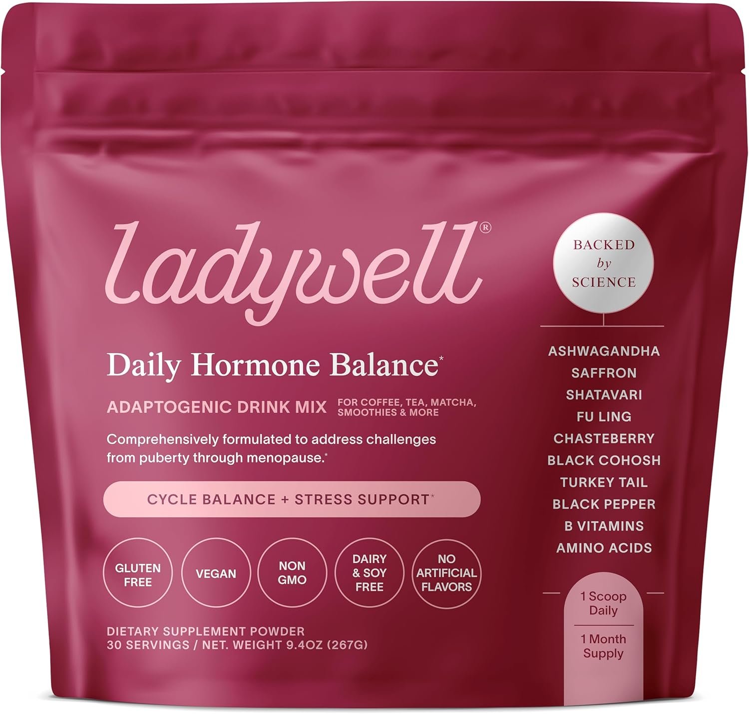 Ladywell Daily Hormone Balance Powder | Natural Cycle Support for Women | Supports Mood, Bloating, Cramps, Skin Health & Cravings with Chasteberry, B Vitamins, Ashwagandha, Saffron + | 30 Servings