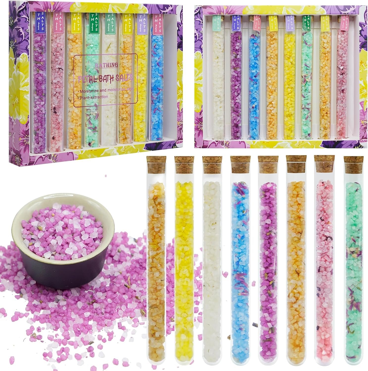 Bath Salts for Women and Men Relaxing, Fathers Day Birthday Gift, with Dead Sea Salt, Essential Oils, Minerals and Dried Flower, Spa Bath & Foot Soak, Individual Tubes, Travel Size, 8 Scents, 8 oz