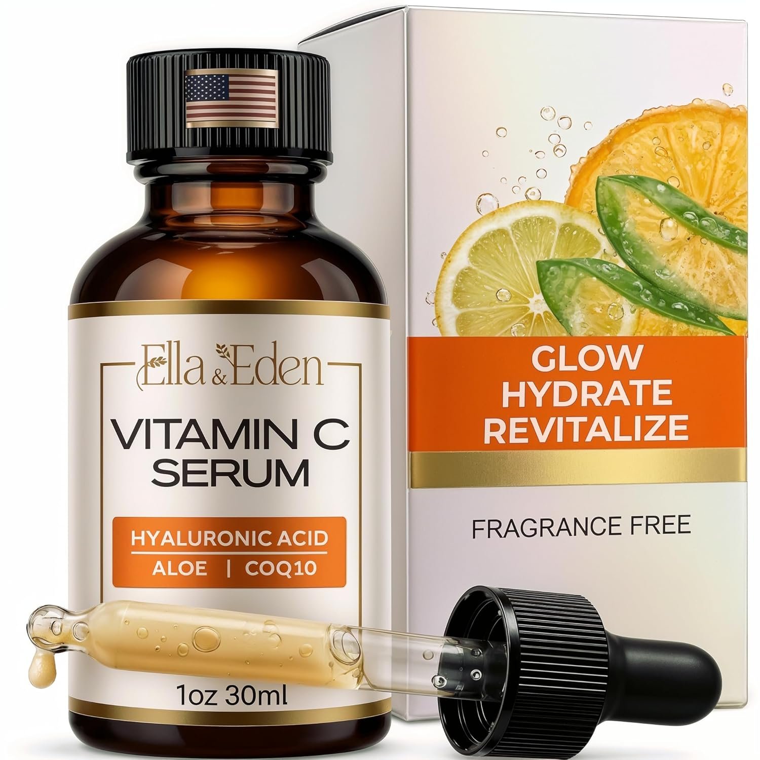 Ella & Eden Vitamin C Serum for Face – Hyaluronic Acid, Aloe Vera, Vitamin E, CoQ10 – Anti-aging, Skin Brightening – USA Made – Paraben-Free, Fragrance-Free, Suitable for All Skin Types – 1 Fl Oz