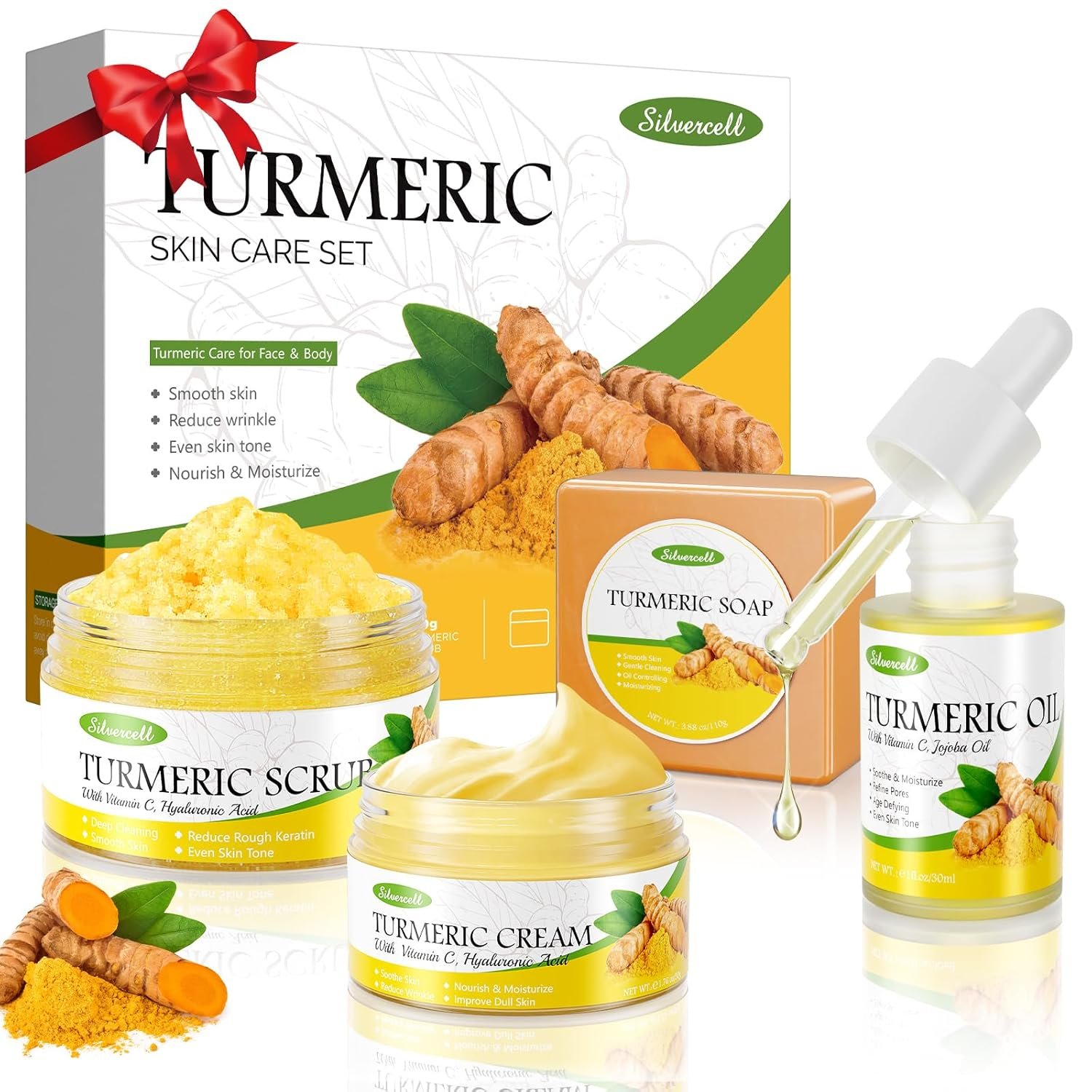 Turmeric Skin Care Set Mothers Day Gifts, Hydrating Skincare Gift Set with Turmeric Soap, Oil, Cream & Scrub to Even Glow Tone, Natural Skincare Set Birthday Gifts Facial Kit for Women & Teen Girls