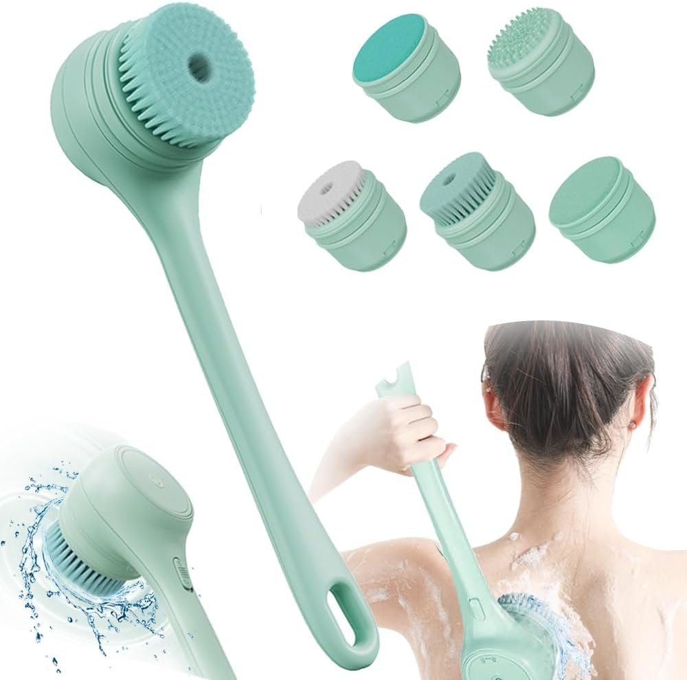 Electric Body Brush Back Scrubber for Shower, Ipx7 Waterproof Back Scrubber for Shower, Auto Spinning Exfoliating Massage Bath Brush RechargeableRotating Body Brushes with 5 Brush Heads