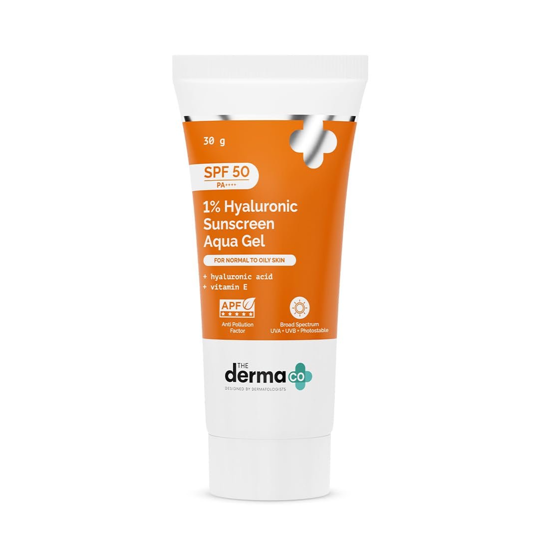 The Derma Co 1% Hyaluronic Sunscreen Aqua Gel SPF 50 PA++++ Hydrating, Lightweight & Non-Greasy No White Cast Broad Spectrum & Blue Light Protection Clinically Tested – (In-Vivo) 30 g