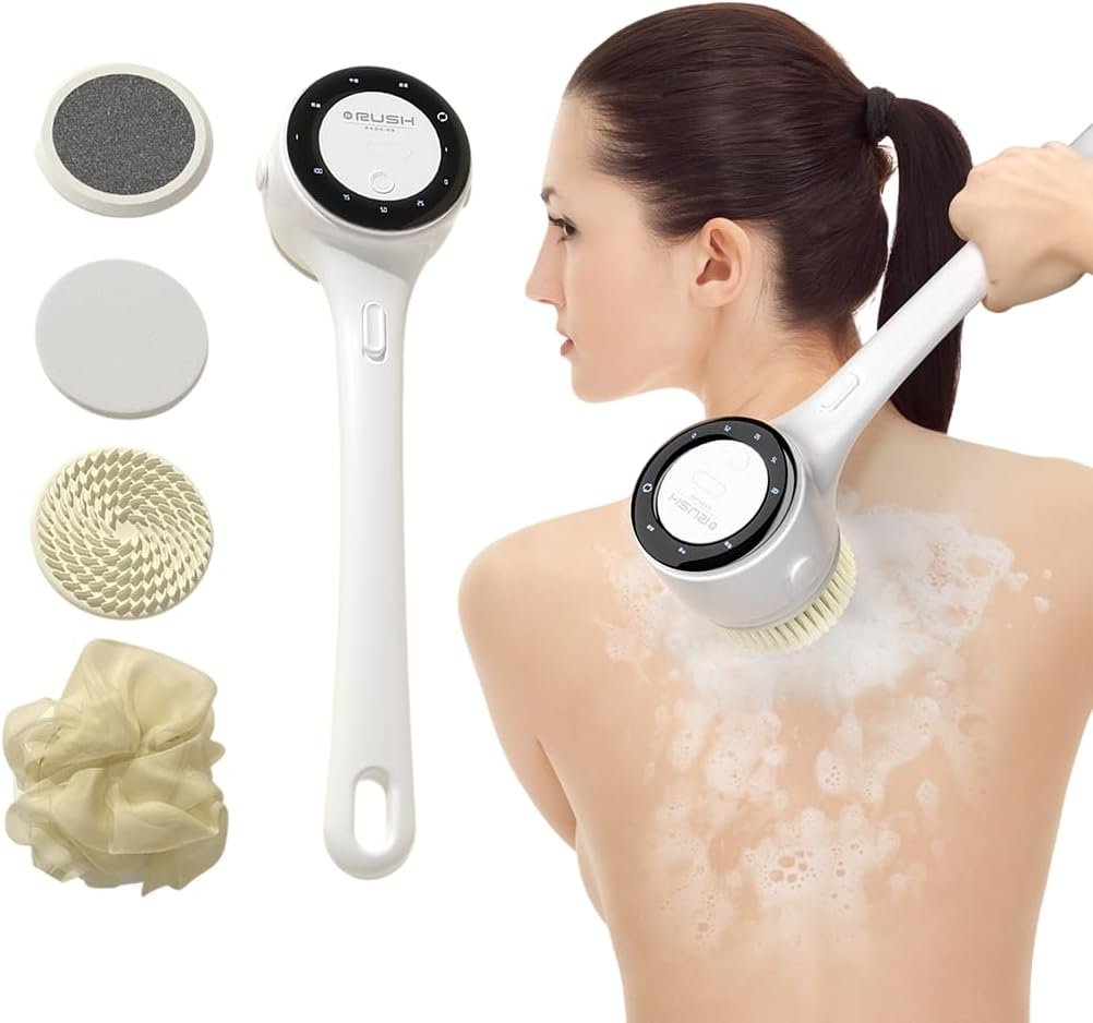 Electric Body Brush Back Scrubber for Shower, Waterproof Long Dual Handle Power Body Scrubber with 5 Heads, Bath Brush 3 Speeds, for Cleansing,Exfoliating and Massaging Skin,Gift for Birthday Holiday