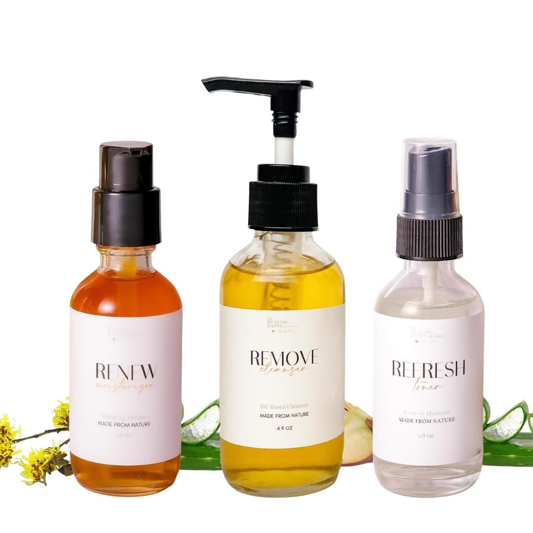 Healing Happy Method 3 Piece Skincare Set – Organic Oil Cleanser, Alcohol-Free Toner & Moisturizer – Natural, Cruelty-Free, Paraben-Free Routine for Sensitive, Acne-Prone & Aging Skin – Made in USA