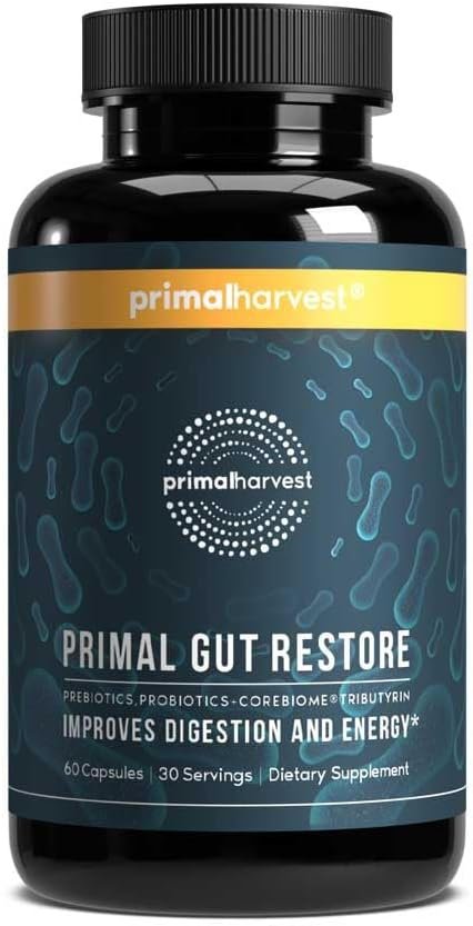 Primal Harvest Restore for Gut Health, Primal Gut Restore w/POSTbiotics, PREbiotics and PRObiotics for Women and Men, 60 CT – Digestion, Colon Cleanse, Immunity Support – Helps Leaky Gut Repair