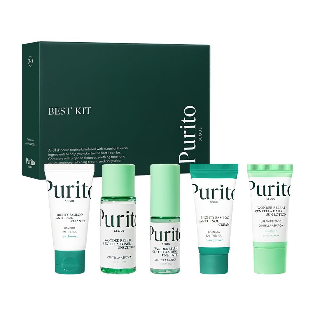 PURITO SEOUL Best Kit – Skincare Routine with Panthenol Cleanser & Cream, Unscented Centella Serum & Toner, For All Skin Types, Gift Set, For Face, Facial Serum, K-Beauty, 3.52 fl. oz.