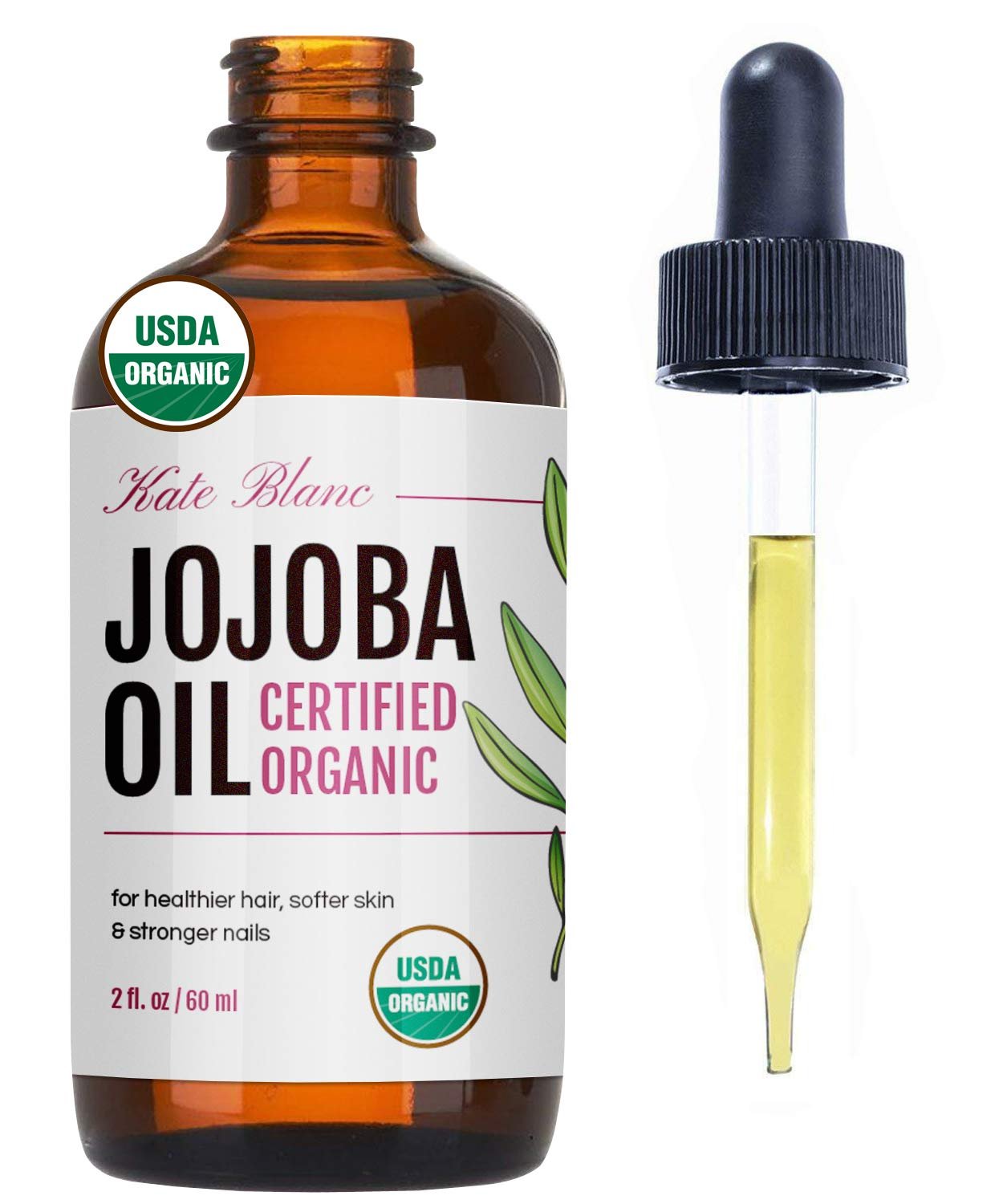 Kate Blanc Cosmetics Organic Jojoba Oil for Hair, Skin, Face, Nails (2oz) – USDA Certified, 100% Pure Cold Pressed Unrefined – Moisturizing Carrier Oil for Gua Sha, Dermaplaning, Body – Glass Bottle