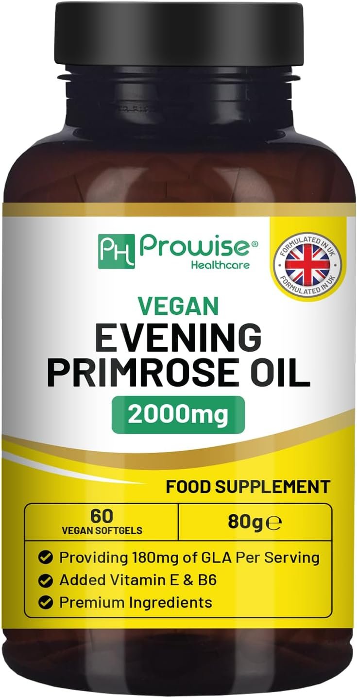 Vegan Evening Primrose Oil 2000mg with Vitamin E & B6 – 60 Vegan Softgels| Pure Cold Pressed I 180mg GLA per Capsule I Women’s Health I Premium Quality I by Prowise Healthcare