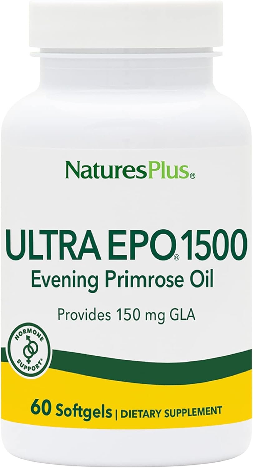 NaturesPlus Ultra EPO 1500 – Evening Primrose Oil – Premenstrual and Menopausal Antioxidant Support – Promotes Clear Skin – Gluten Free – 60 Softgels, 60 Servings