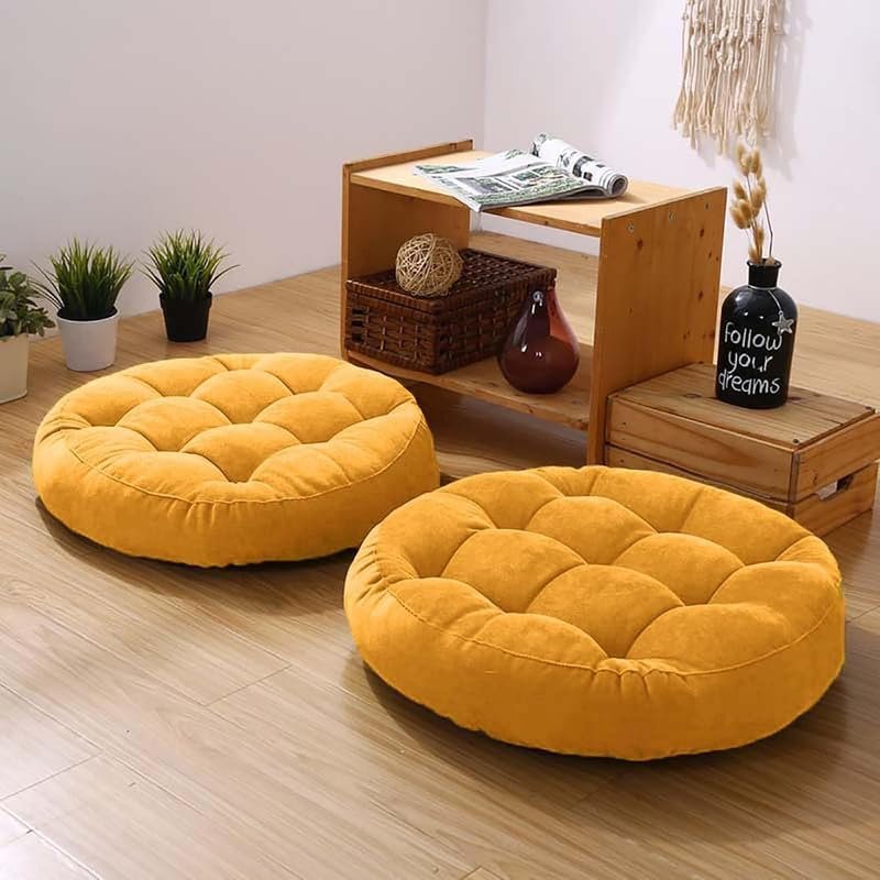 Meditation Floor Pillow Set of 2 Large Round Floor Cushions for Adults Tufted Corduroy Floor Seat Pillows Cushion for Living Room,Yellow 16.5″ Lx16.5 Wx3 H
