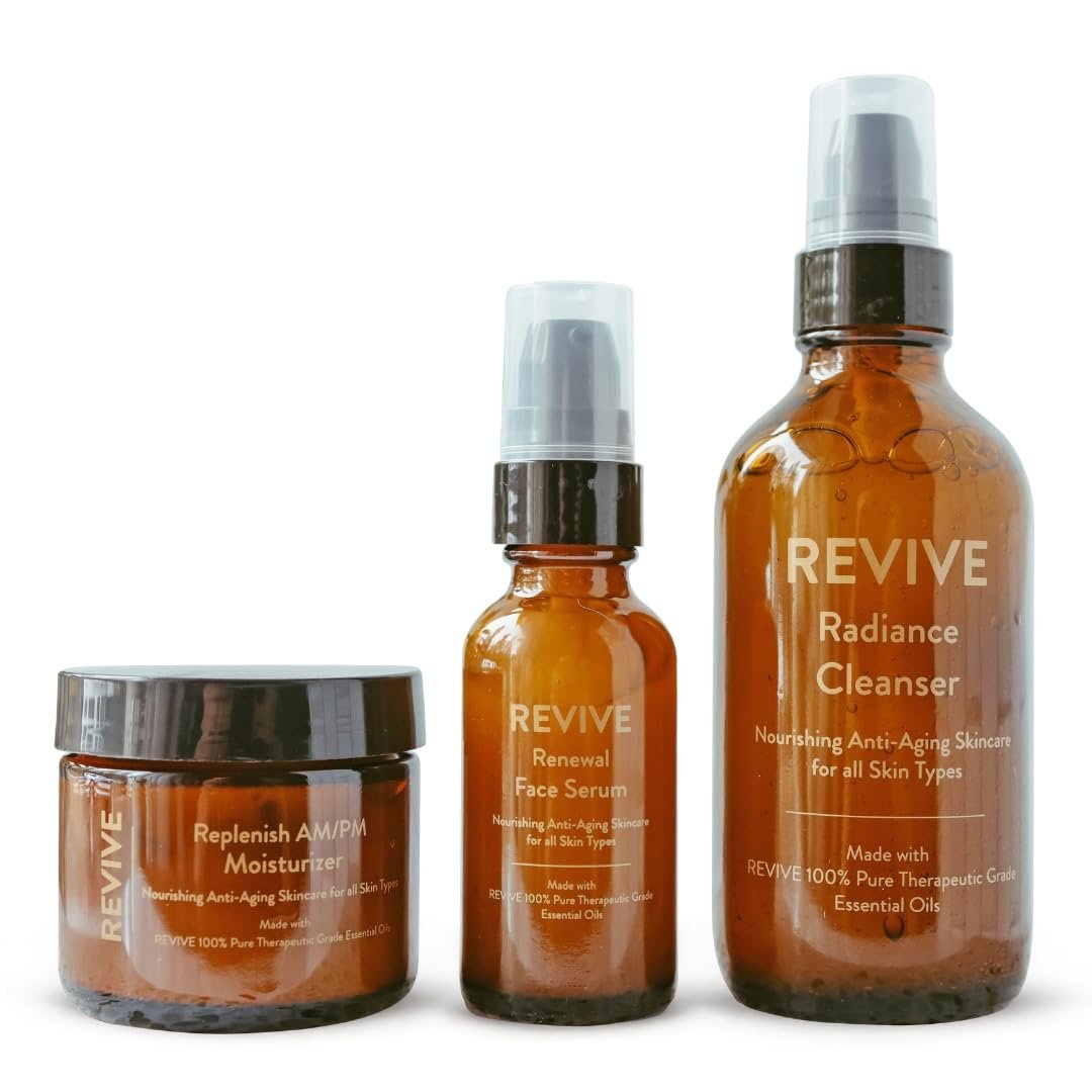 REVIVE Skin Health 3-Step Skincare Collection with Skin Health Essential Oil Blend – Radiance Cleanser, Renewal Serum, and Replenish AM/PM Moisturizer – Non-Toxic Skincare
