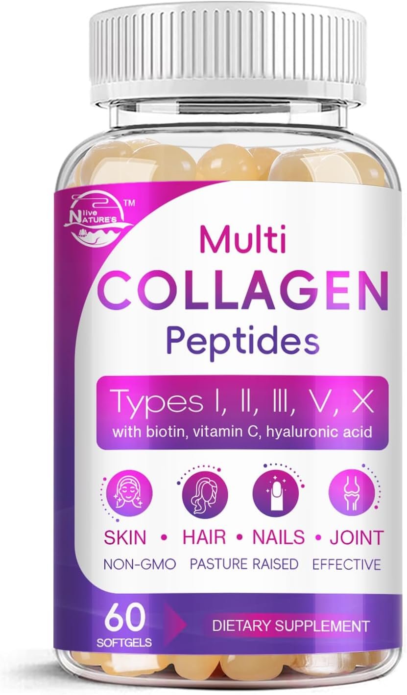 Multi Collagen Peptides Softgel – Type I, II, III, V, X – Hydrolyzed Collagen Peptides with Biotin, Vitamin C, Hyaluronic Acid, Supports Skin Hair Nail, Grass-Fed, Non-GMO, 60 Softgel, 1 Pack