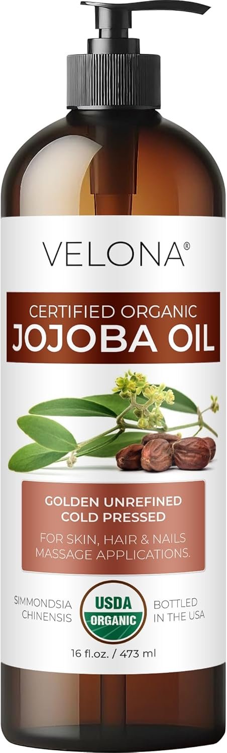 velona Jojoba Oil USDA Certified Organic – 16 fl oz (With Pump) | 100% Pure and Natural | Golden, Unrefined, Cold Pressed, Hexane Free | Moisturizing Face, Hair, Body, Skin Care
