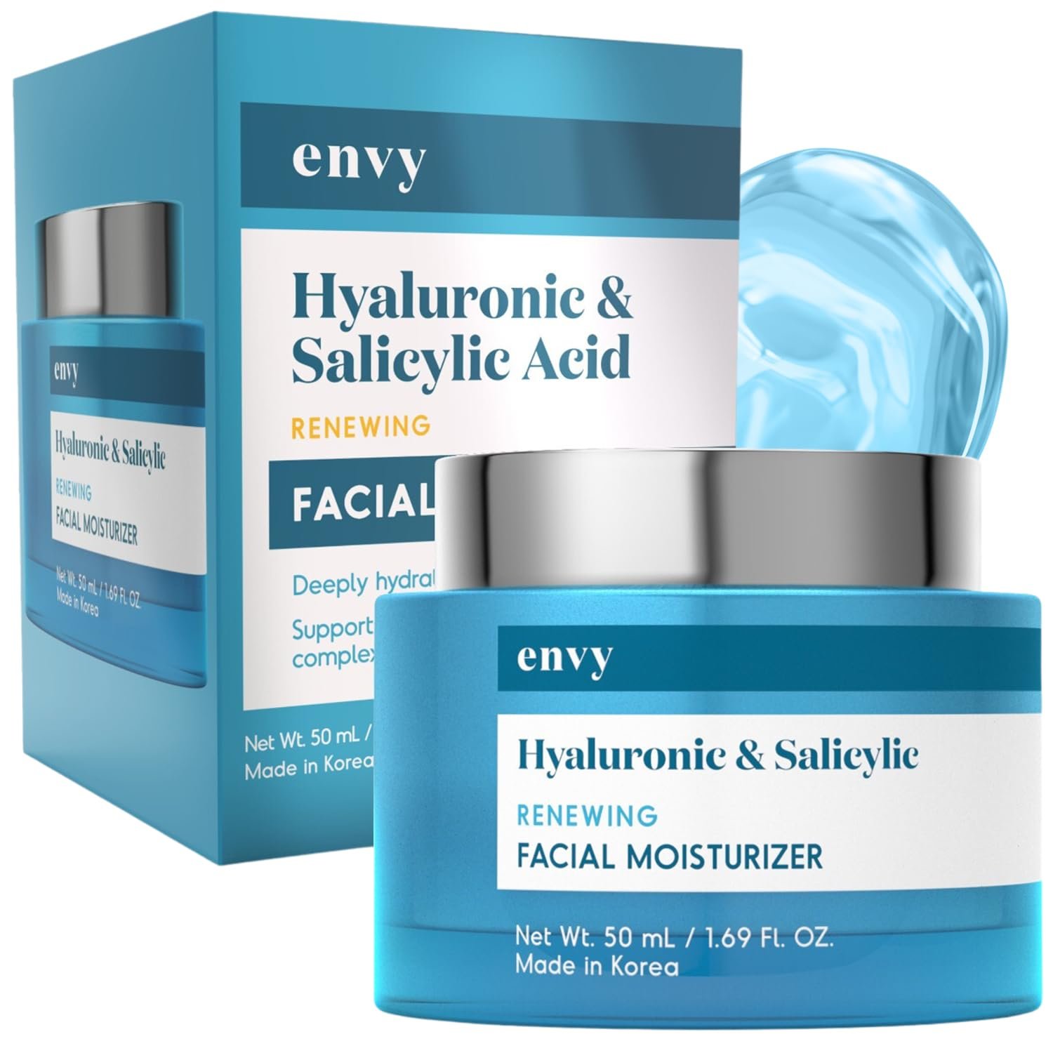 Envy Hyaluronic & Salicylic Acid Face Moisturizer Cream – Hydrating, Acne Scar Reduction & Anti-Aging Day Cream – Dermatologist Tested, Clean Beauty for All Skin Types – 1.69 Fl. Oz
