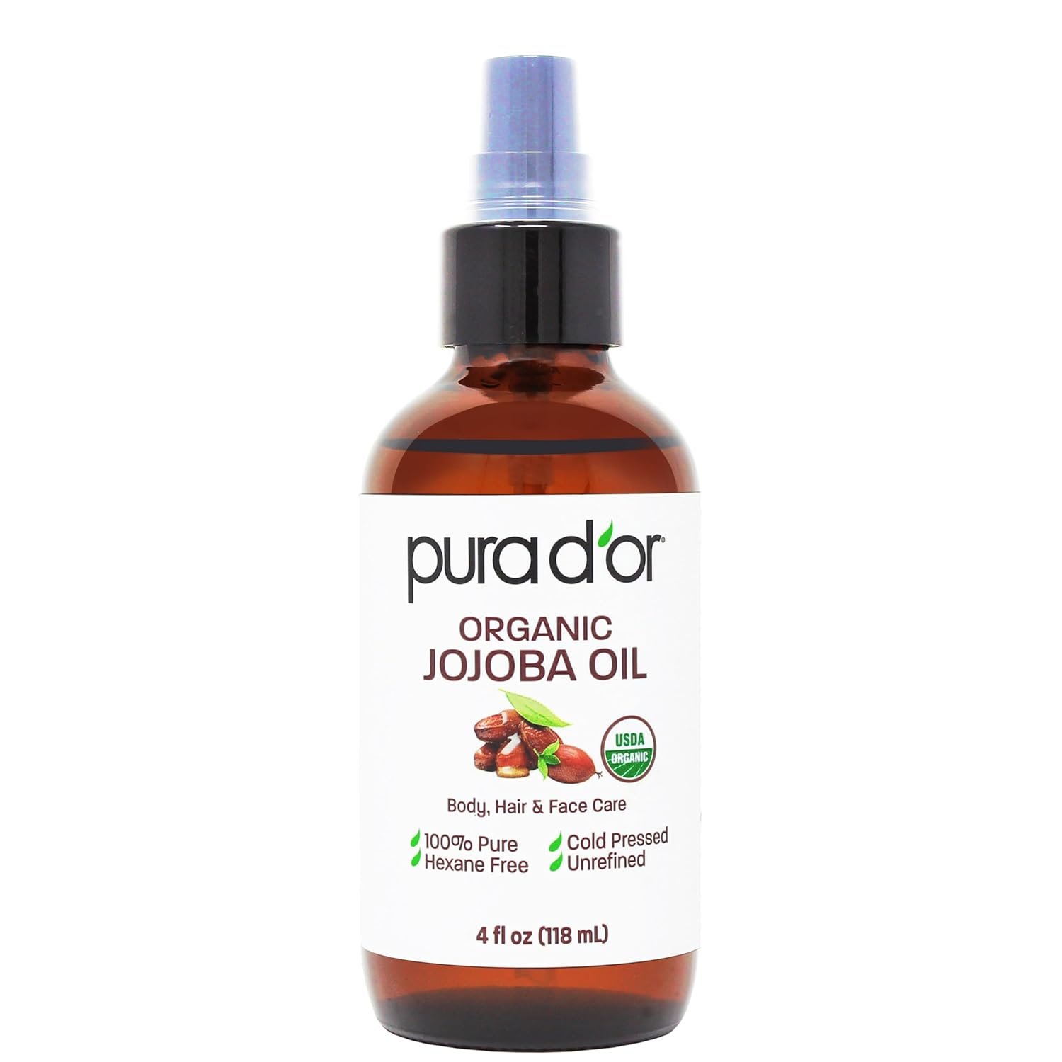 PURA D’OR Organic Jojoba Oil – USDA Certified – 100% Pure & Natural Moisturizer – Cold Pressed, Unrefined, Hexane Free, Skin Care, Hair, Body, Face & Nails, DYI Carrier Oil 4 Oz – Hair Regrowth Tonic
