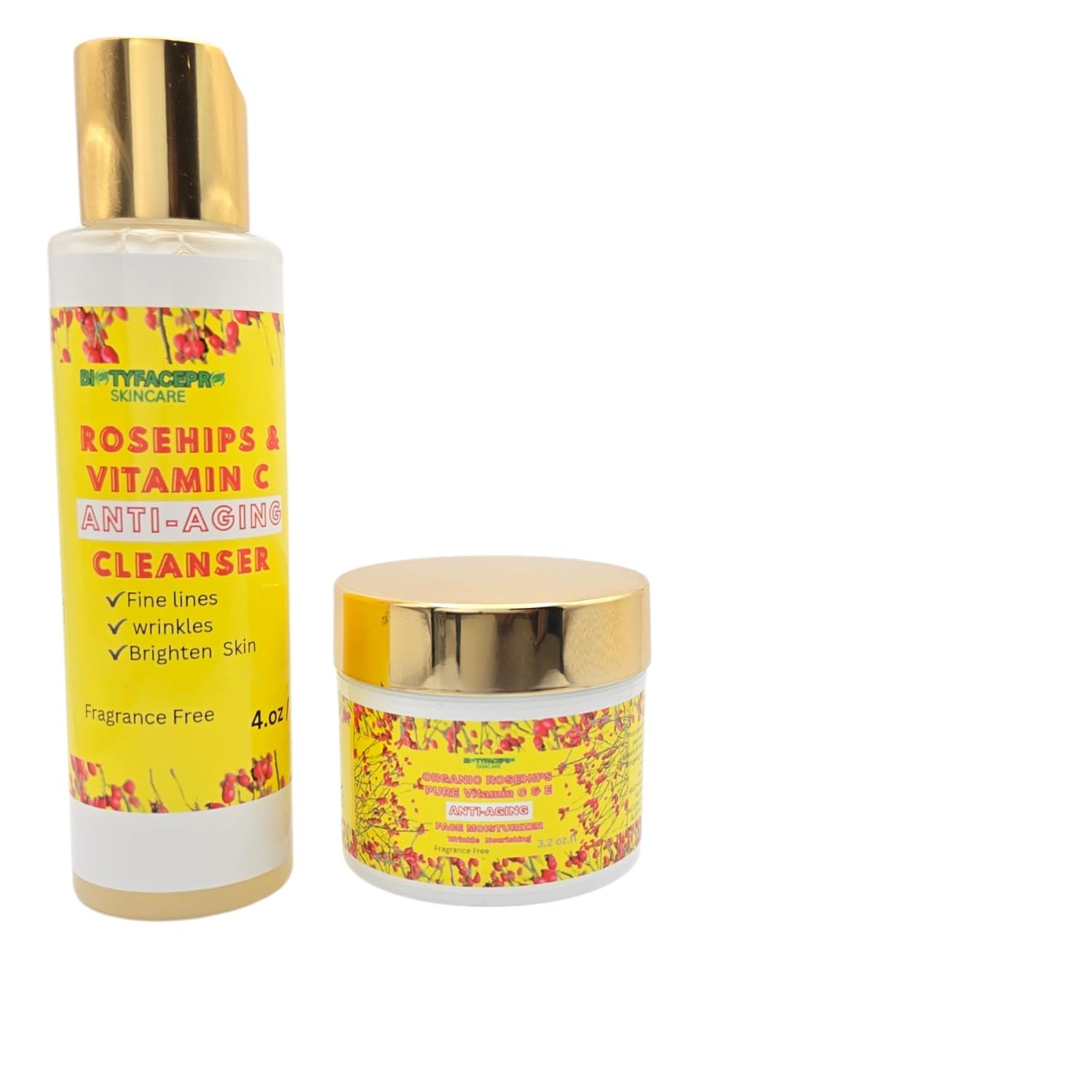 Organic Rosehips & Pure Vitamin C, Vitamin E Anti-Aging Skincare Set, Cleanser (4oz) and Face Cream, Fragrance Free, (3.2 oz)